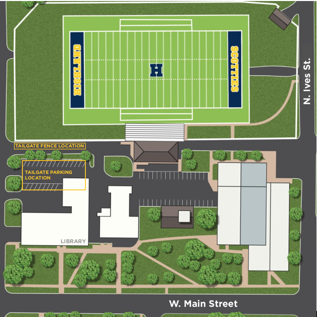 Campus map showing two tailgating zones near the football field. The fence spot zone is south west of field and the north library spot is north of the library parking lot.