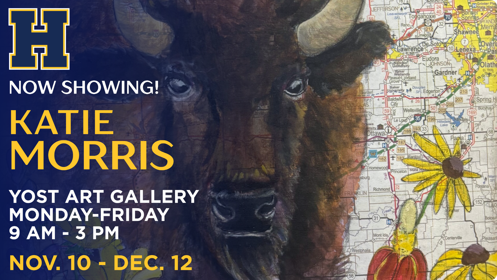 Now Showing Katie Morris at the Yost Art Gallery Monday-Friday, 9 AM - 3 PM November 10-December 12, image with a buffalo illustration and the map of Kansas.