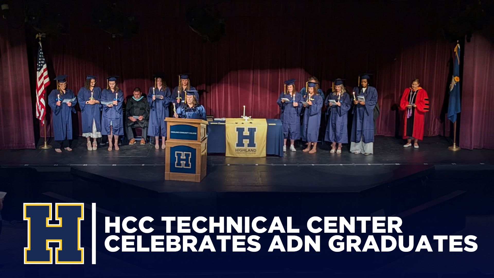 Graduation ceremony with students standing on the stage with the leadership team. HCC Technical Center celebrates ADN graduates
