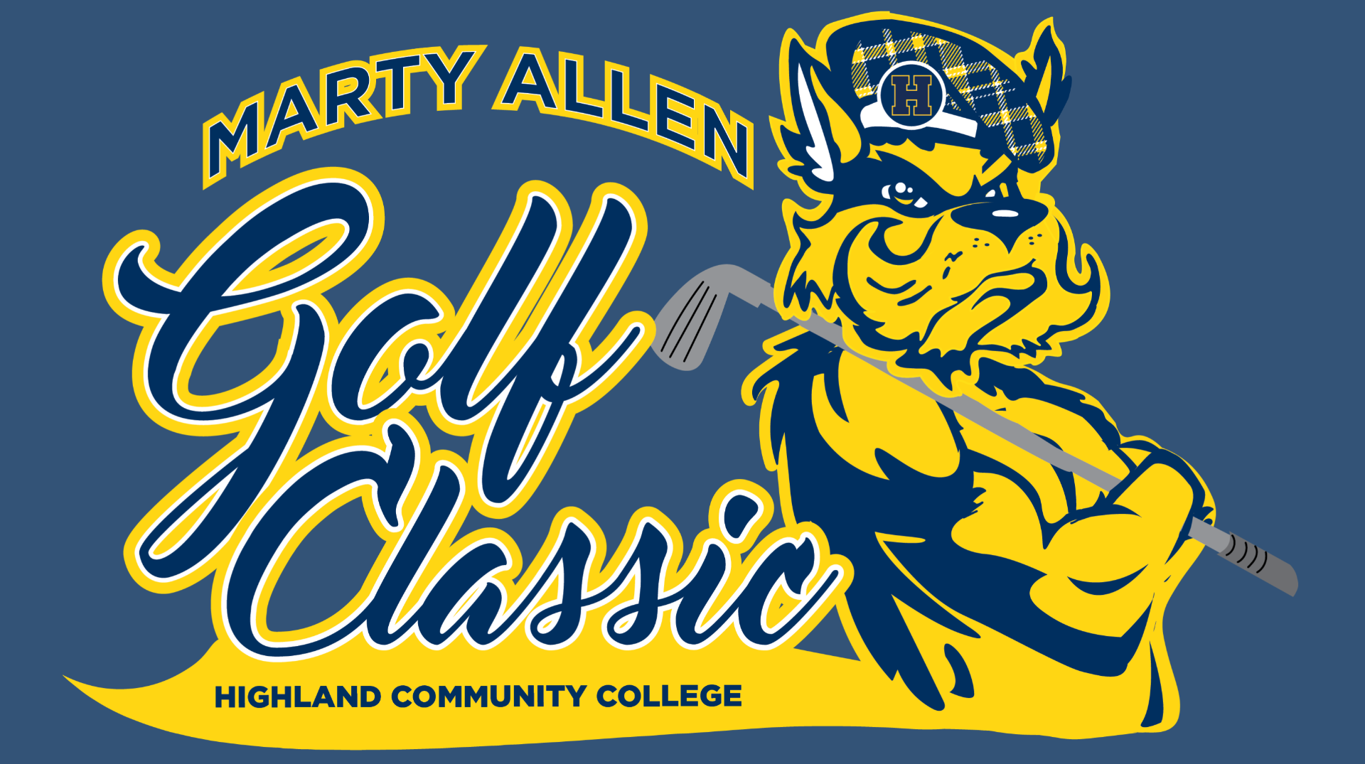 Event Banner says Marty Allen Golf Classic Highland Community College with a Scottie dog holding a golf club