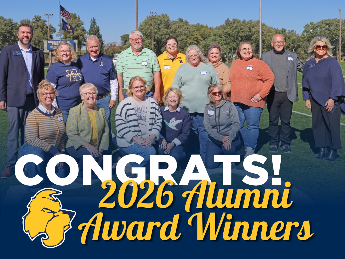 Congrats! 2026 Alumni Award Winners graphic with Scottie Dog logo. Background is a group photo of the Award winners with President Bowhay on the left side and Executive Director of HCC Foundation, Keith Jaloma and Director of Alumni, Kelly Twombly on the right.