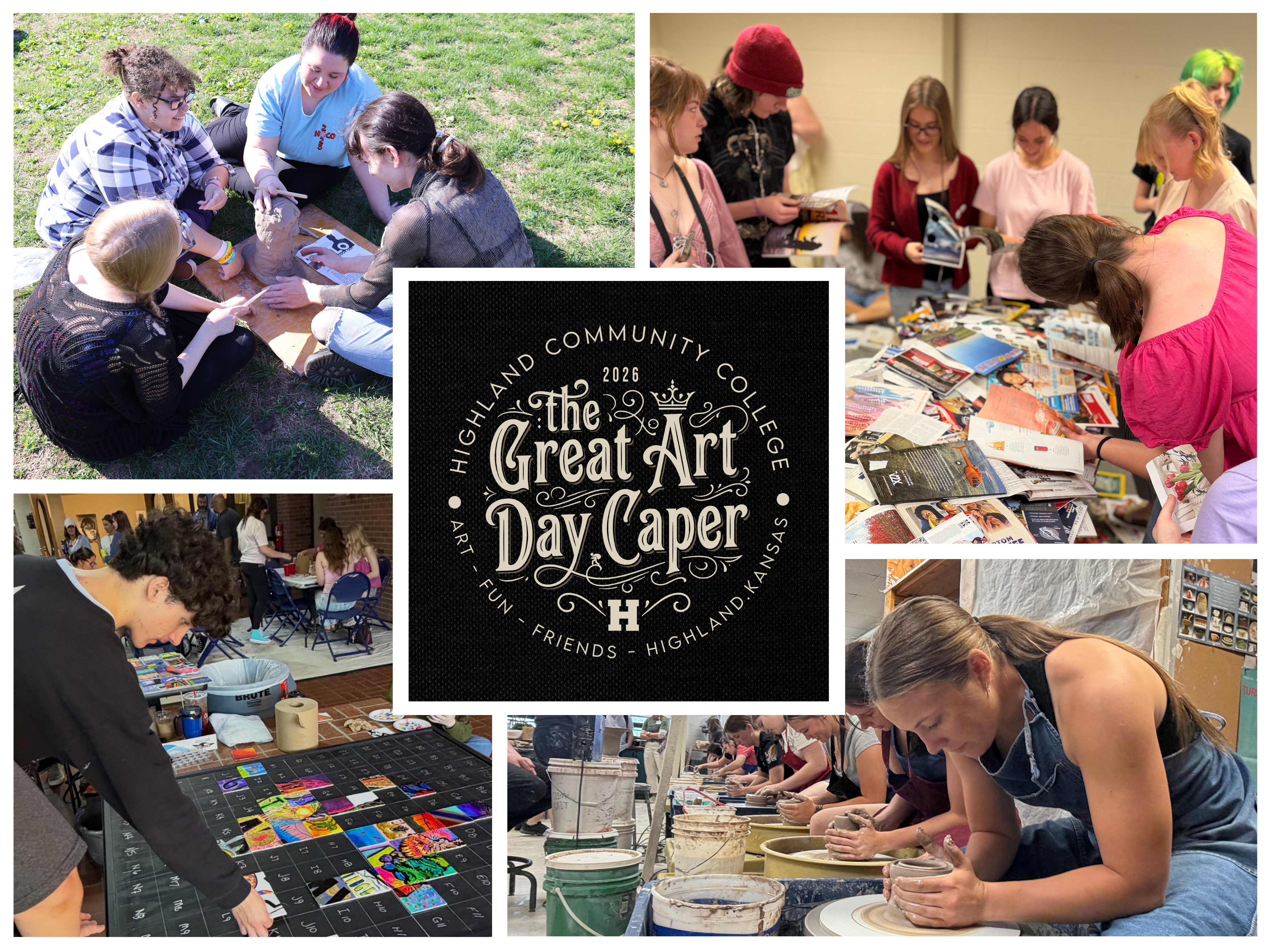 Collage of photos from art day with groups of students sitting outside, around a table of flyers, at a pottery wheel competition, and looking at tiles on a table.