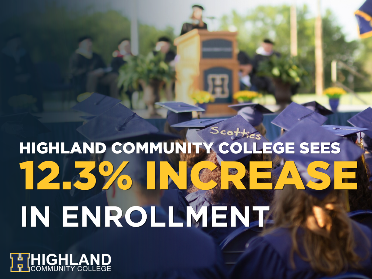 Highland Community College Sees 12.3% Increase in Student Enrollment with image of an outdoor graduation ceramony with graduates facing away from camera toward the podium with a speaker who isn't visible from the view.