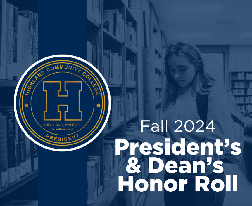 Fall 2024 President's and Dean's Honor Roll banner with a photo of a student looking at a book in the library. 